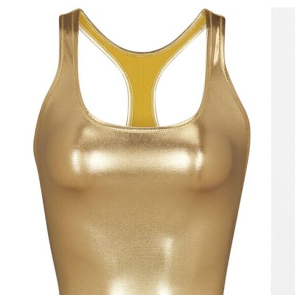 NWT SKIMS Metallic Swim Romper Cycle Suit in Gold Size Small - Picture 4 of 5